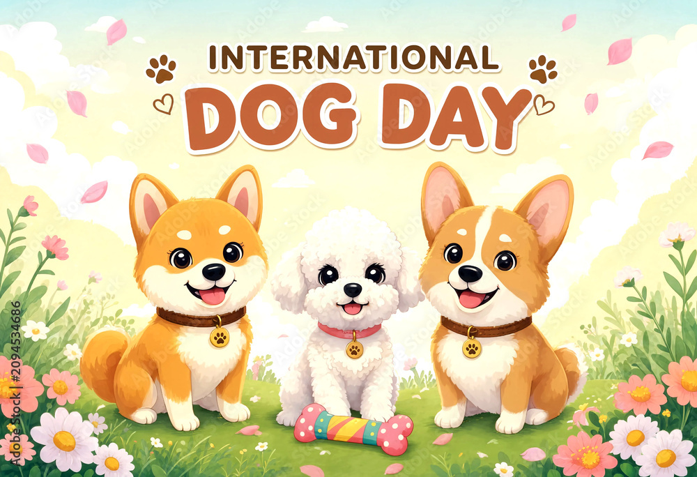 Fototapeta premium Cute cartoon puppies celebrating international dog day with flowers and cheerful expressions in a garden scene