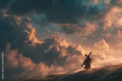 Individual carrying a wooden cross walks through a dramatic landscape with clouds and sunlight breaking through, creating a powerful visual scene of perseverance and faith