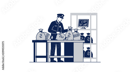 Photography Customs Officer Inspecting Bags of Money at Border Control