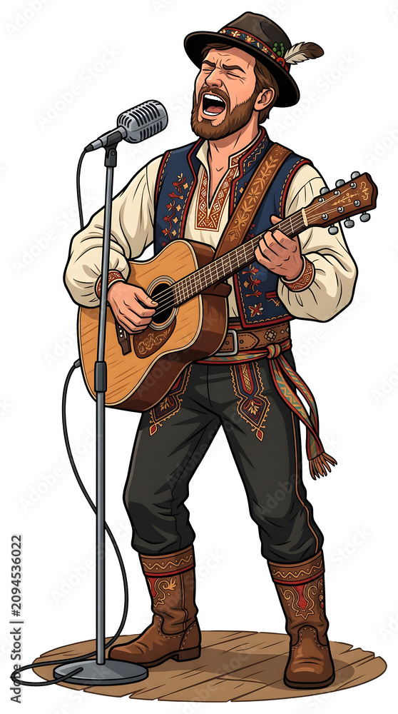 Fototapeta premium Traditional Eastern European Folk Musician Singing and Playing Guitar