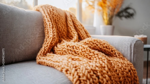 cozy living room with a chunky orange knitted throw draped over a gray sofa in warm window light, dried floral arrangement in vase, inviting and relaxed atmosphere