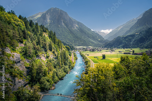 River Aare and Innertkirchen village in the Bernese Oberland region of Switzerland