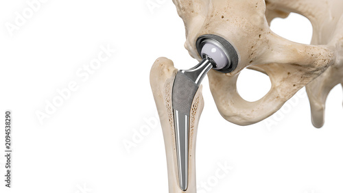 Total hip replacement prosthesis in pelvis and proximal femur, photorealistic medical education image showing femoral stem implant for orthopedic healthcare, radiology, and patient education use
