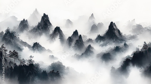 monochrome misty mountain range with jagged peaks and pine trees emerging from swirling fog, evoking serene solitude and timeless calm