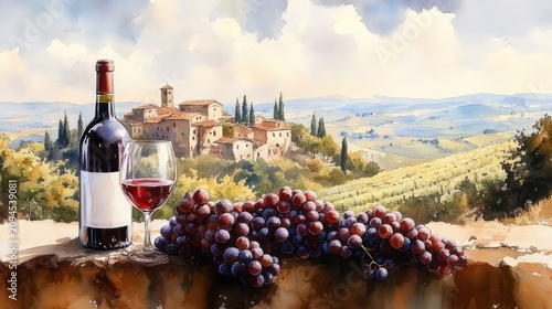 Sunlit bottle and glass of red wine with ripe grape clusters on a stone ledge overlooking a cypress-lined hilltop village and rolling vineyards in a peaceful rustic scene
