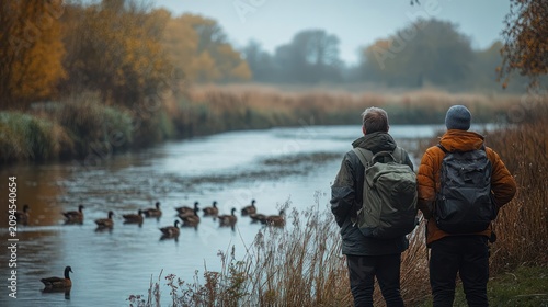 Two people in jackets with backpacks standing on a reed-lined riverbank watching a flock of ducks on a misty autumn morning, calm and contemplative