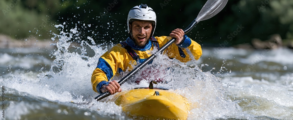 Fototapeta premium On a rushing river, a solo kayaker maneuvers through fast currents, showcasing vibrant gear and energetic movement.