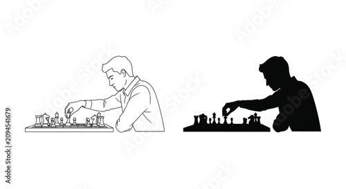 Focused young man playing a strategic game of chess with detailed line art and solid black silhouette graphic design elements