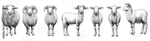Seven hand-drawn sheep and rams in a row, black and white line illustrations showing front and side views with detailed wool texture and calm neutral expressions
