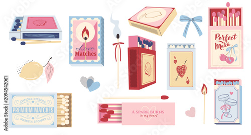 Vintage Romantic Matchbox Collection with Retro Love Matches and Coquette Aesthetic Labels for Valentine's Day, Anniversary Gifts, and Kitsch Graphic Design Projects, Red and Pink Illustrations