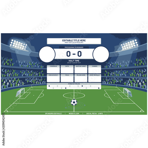 Bild auf Leinwand Soccer match scoreboard overlay template for sports broadcast with football