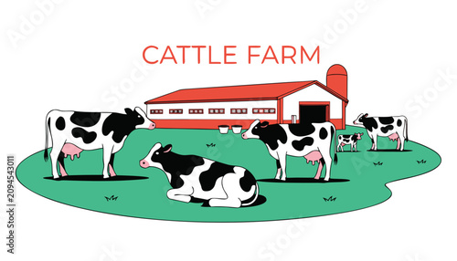 Very beautiful realistic vector illustration of a cattle farm featuring healthy dairy cows, modern barn, green pasture, and a bold label reading 
