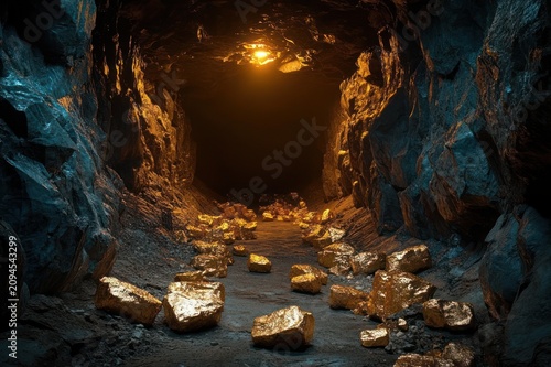 rocky underground tunnel strewn with glowing gold nuggets and a warm amber light, mysterious atmosphere of discovery and hidden treasure