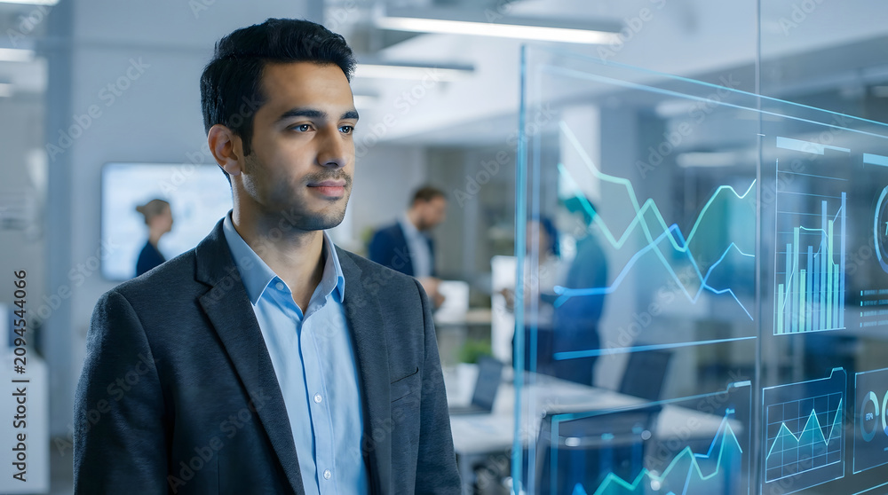 Fototapeta premium Business analytics professional evaluates transparent performance charts while colleagues work in a modern collaborative office.