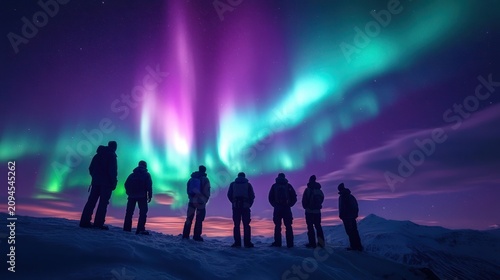 Seven silhouetted people on a snowy ridge watching vibrant green and purple northern lights over snow-covered mountains and a starry night sky, evoking awe and wonder