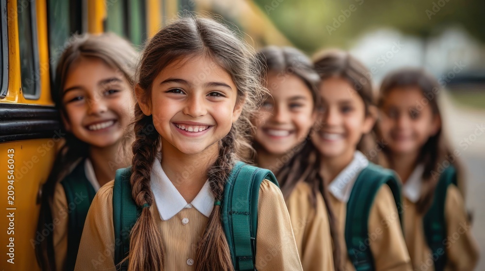 Fototapeta premium young schoolgirls in brown uniforms with braided hair and green backpacks waiting by a yellow school bus, faces blurred, showing anticipation and quiet focus