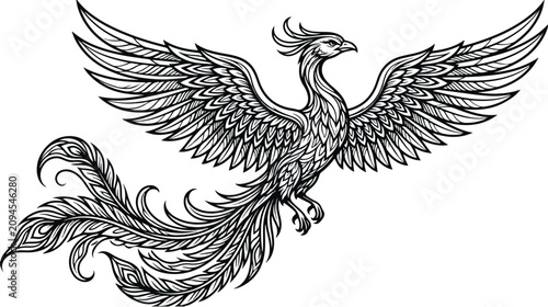 Fotografie Mythical phoenix bird vector illustration, majestic firebird with spreading wing