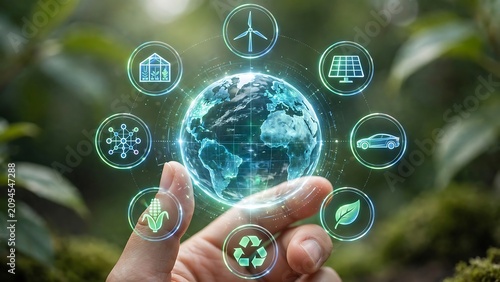 Sustainable future concept hand holding a glowing earth with green technology icons