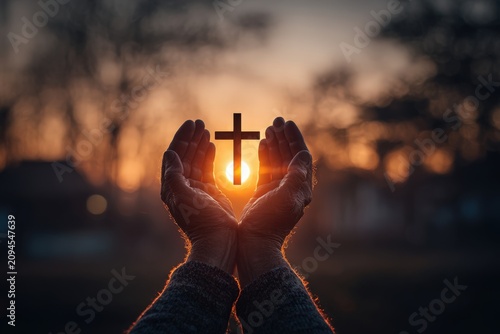 Hands holding a wooden cross against a sunset background, with warm light illuminating the cross and creating a spiritual atmosphere in the outdoor setting