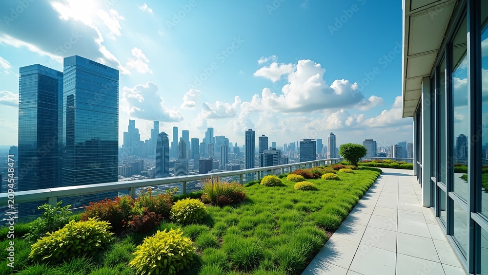 Fototapeta premium Lush green rooftop terrace with panoramic downtown skyscraper view