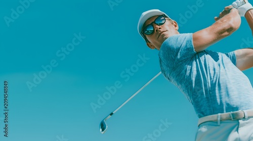 Male golfer in blue shirt and sunglasses mid-swing against a vibrant blue sky on a sunny day