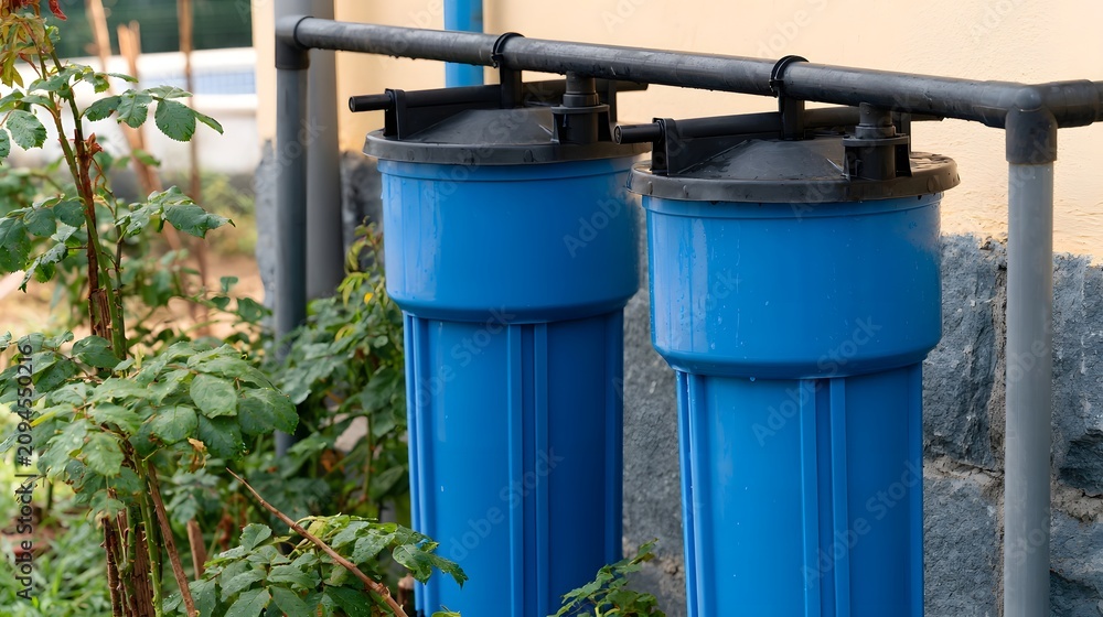 Obraz premium Two blue cylindrical filters connected by black pipes mounted on a stone wall beside green foliage