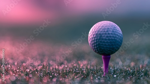 Dreamy golf ball on a purple tee amidst dew-covered grass with ethereal pink and purple bokeh lights at dawn, capturing the tranquil beauty of the golf course