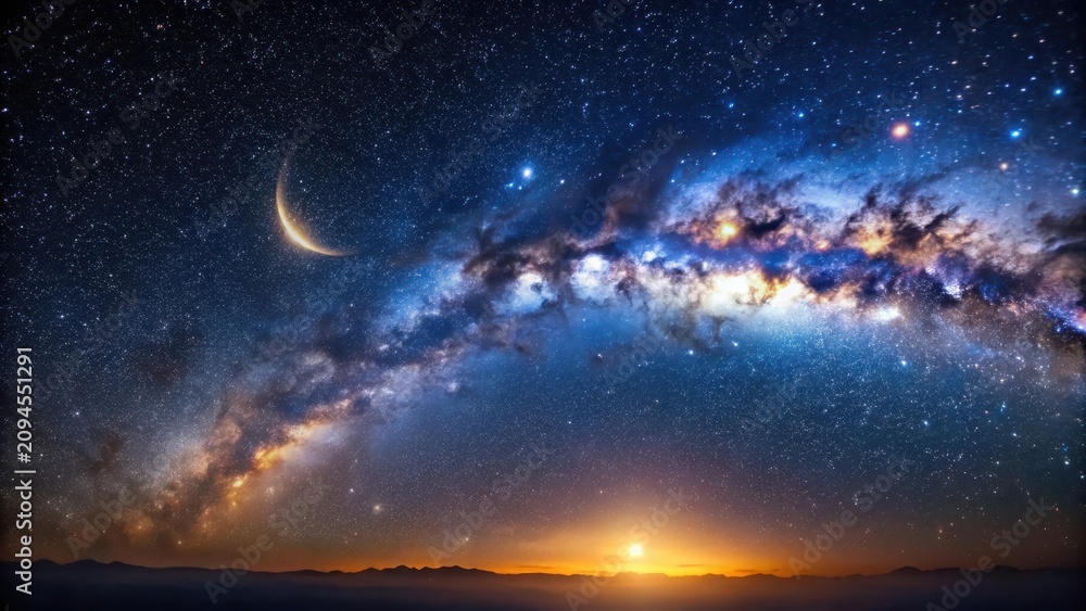 Fototapeta premium Milky Way galaxy in a dark night sky with thousands of twinkling stars and a crescent moon shining brightly overhead