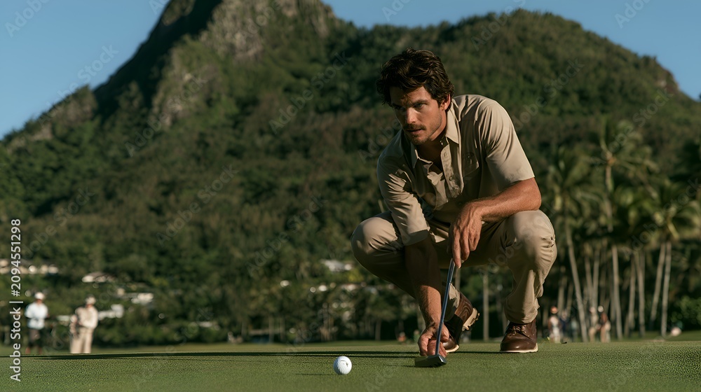 Obraz premium Golfer focuses on his putt on a lush green with tropical mountains in the background