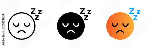 Sleeping face emoji icon set with zzz symbol . tired, sleepy emoticon expressions in outline, black, and orange styles.