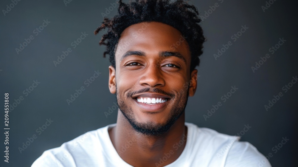 Fototapeta premium close-up studio portrait of a person with curly dark hair wearing a white t-shirt, face intentionally blurred, neutral expression against a dark moody background