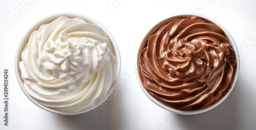 top-down view of two dessert cups with white whipped cream and rich chocolate mousse swirled, inviting and indulgent