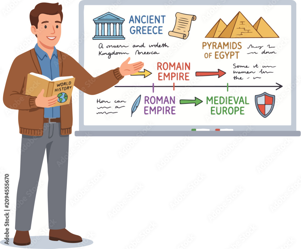 Obraz premium A friendly male teacher character illustration presenting a history timeline with ancient Greece and Egypt