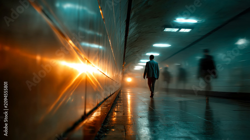 Man walks down a surreal, glowing tunnel with blurred figures