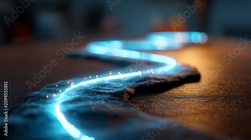 Abstract flowing blue light trail on textured dark surface with abstract