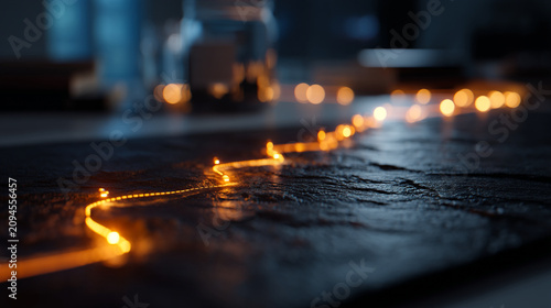 Winding orange light path on dark textured surface with abstract, technology