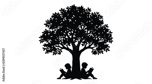 Minimalist black vector illustration showing two children reading books while sitting under a large tree