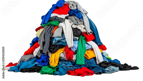 IA generated, high quality studio shot of a massive pile of colorful second hand clothes isolated on a clean white background, ideal for fast fashion waste, laundry and textile recycling concepts.
