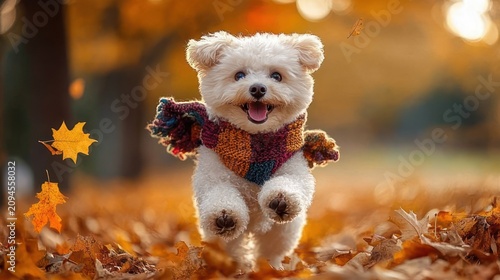 joyful small white fluffy dog wearing a colorful knitted scarf leaping through orange autumn leaves in warm golden park light