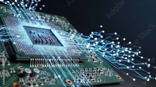 Glowing Blue Central Processing Unit on Green Circuit Board Technology Concept