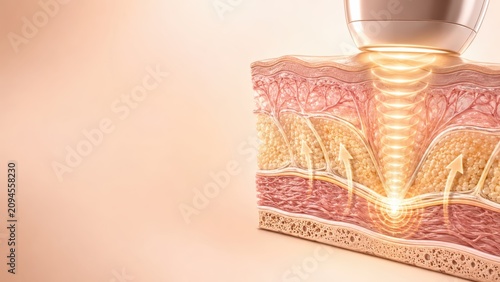 Close-up 3d illustration of laser treatment penetrating multiple layers of human skin