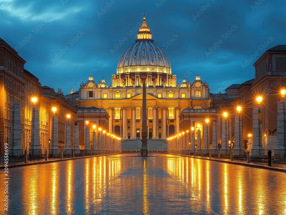 Fototapeta premium majestic illuminated domed basilica at dusk with glowing street lamps and long reflective wet plaza, serene and dramatic evening atmosphere