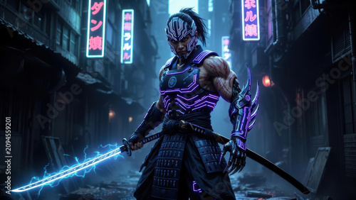 Cyberpunk samurai warrior with glowing armor and electric katana standing in neon alley, intense determined expression and dramatic mood