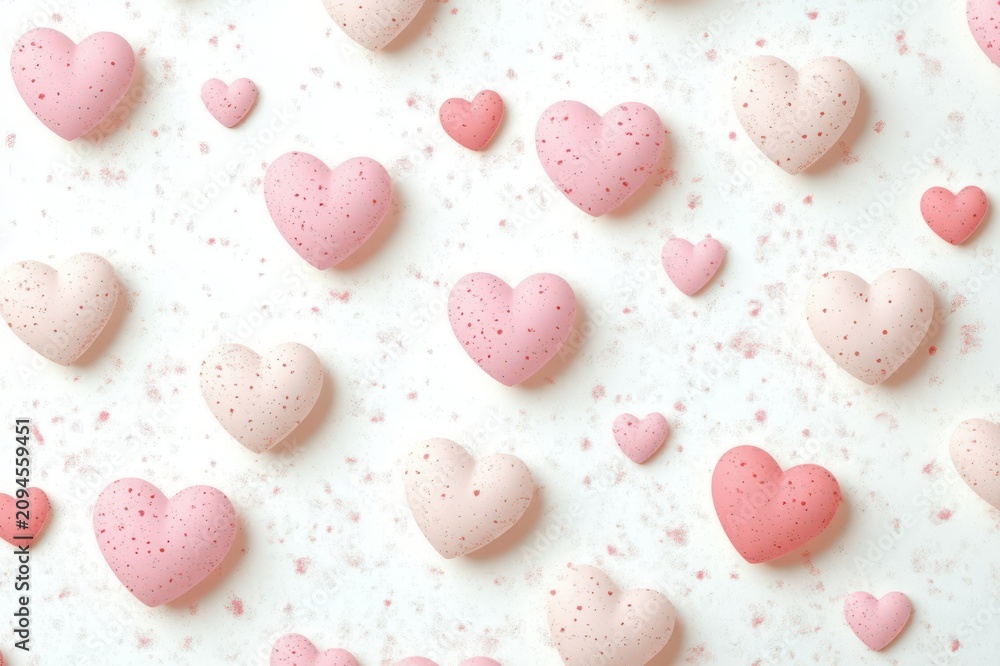 Obraz premium Scattered pink and white heart-shaped macarons with crumbs on a white background, playful romantic sweet mood