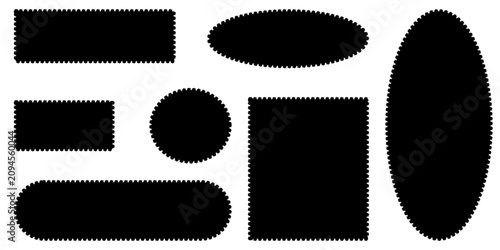 Black Stamp Shapes with Scalloped Edge, Vector Postage Stamp Frame Set – Rectangle, Oval, Circle, and Square Badge Templates Isolated on White.