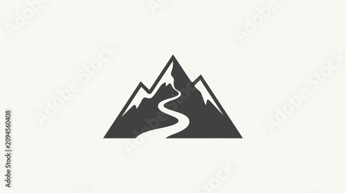 Minimalist mountain peak icon with a winding path in dark gray vector