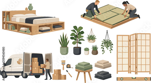 Home renovation and interior design elements with people moving furniture and installing flooring vector illustration set