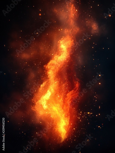 Vertical column of roaring orange fire with glowing embers and smoke against a dark background, dramatic and intense