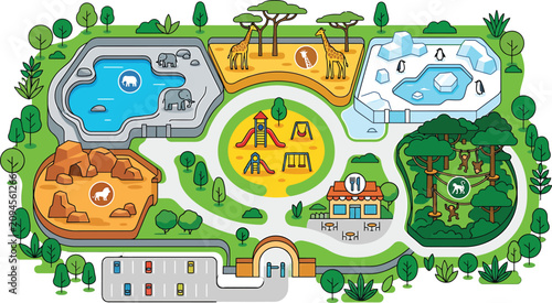 Zoo map illustration with animal enclosures playground and parking area in a colorful flat vector design style
