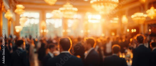 blurred crowd of well-dressed people mingling in a grand chandelier-lit ballroom with warm golden light and a lively elegant celebratory atmosphere